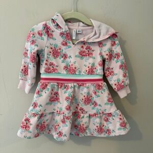 Janie and Jack Floral Hoodie Dress Ruffle Skirt Pink Roses Aqua Mint 6-12 Months